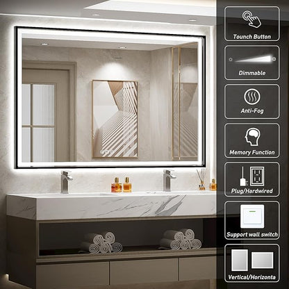 60x40 Inch LED Bathroom Mirror with Lights, Frontlit & Backlit Black Metal Frame Mirror,Double Lights Strips,Anti Fog Dimmable & 3 Colors Temperature