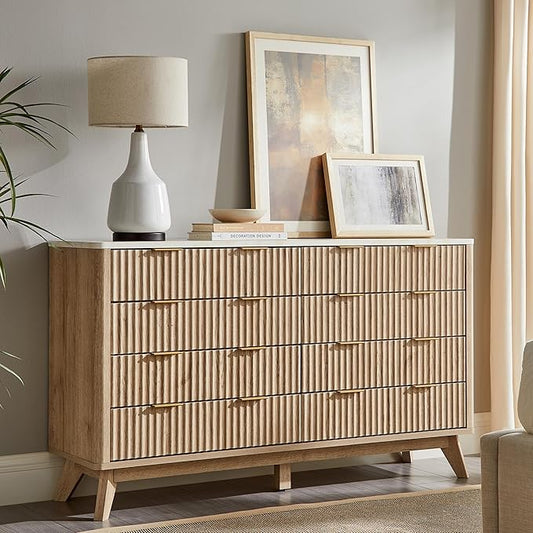 T4TREAM Fluted 8 Drawers Dresser, 54" Wide Modern Chest of Drawers with Faux Marble Top, Curved Profile Design, Dresser TV Stand, Wood Drawer Organizer for Bedroom, Living Room, Hallway, Natural Oak