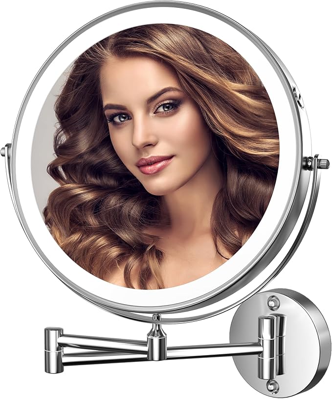 Hasipu 8.5-Inch Wall Mounted Makeup Mirror with Magnification, Rechargeable 2000 mAh Vanity Mirror with Lights, Bathroom Mirror with Dimmable Brightness, 3 Lighting Modes, Extendable Arm, Chrome