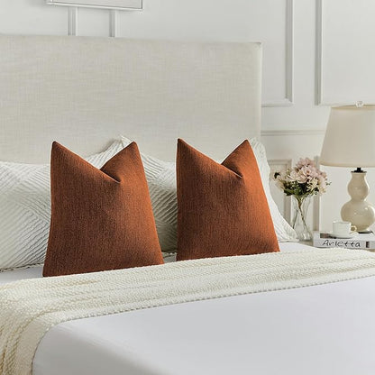 FUTEI Rust Chenille Decorative Throw Pillow Covers 24x24 Inch Set of 2,Soft Cozy Faux Linen Textured European Pillow Shams,Farmhouse Home Decor for Couch Living Room