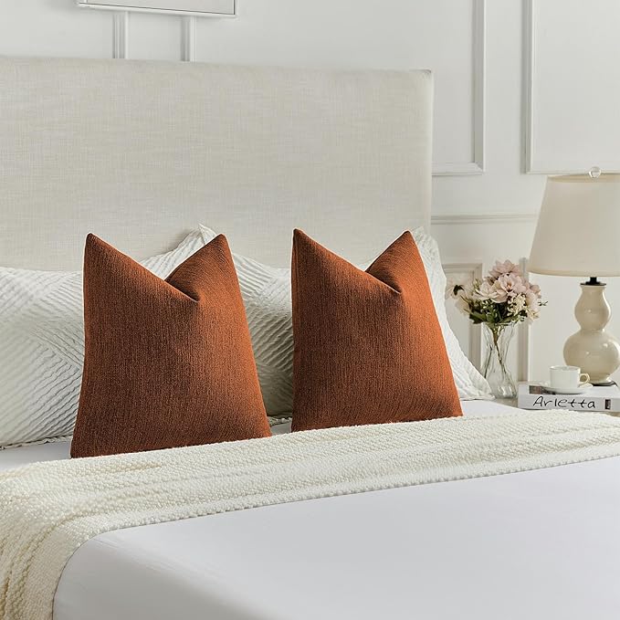 FUTEI Rust Chenille Decorative Throw Pillow Covers 22x22 Inch Set of 2,Soft Cozy Faux Linen Textured Cushion Case,Farmhouse Home Decor for Couch Living Room