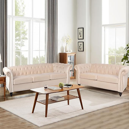 Home Sofa Living Room Furniture, 3 Seater 84" Velvet Upholstered Couch, Mid Century Modern Comfy Couch with Cushions, Classic Tufted Chesterfield Couches for Bedroom, Office, Apartment (Beige)