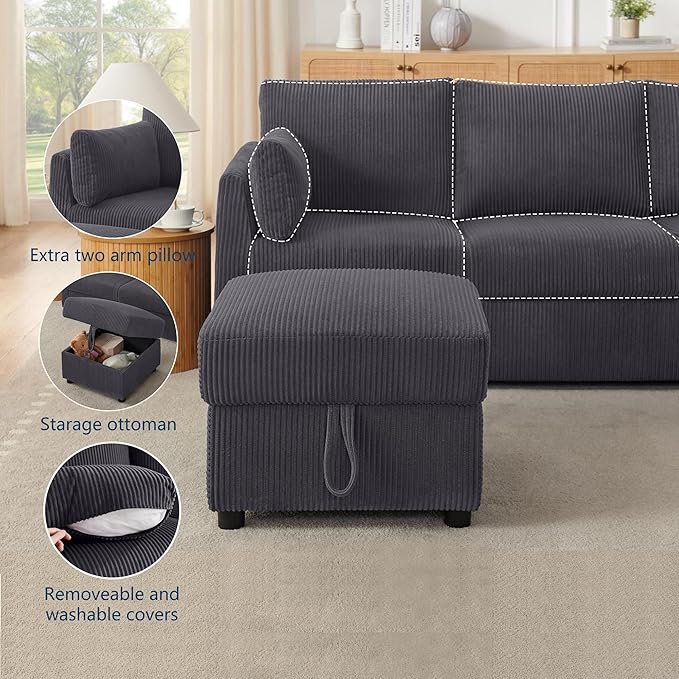 79" Small Couches with Storage Ottoman 3 Seat L Shaped Couch Sectional Sofa with Chaise Lounge for Apartment,Dorm,Bonus Room,Compact Spaces. (Grey, 3+OTT)