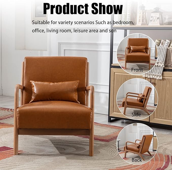 INZOY Mid-Century Modern Accent Chair Set of 2, PU Leather Reading Armchair with Waist Cushion, Upholstered Living Room Chairs for Bedroom Sunroom, Camel Set