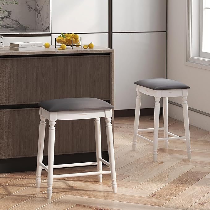 COSTWAY Upholstered Bar Stools Set of 4, 24-Inch Backless Counter Height Dining Stools with Delicate Wood Carving, Footrest, Solid Rubber Wood Frame, Farmhouse BarStools for Kitchen Island Bar, White