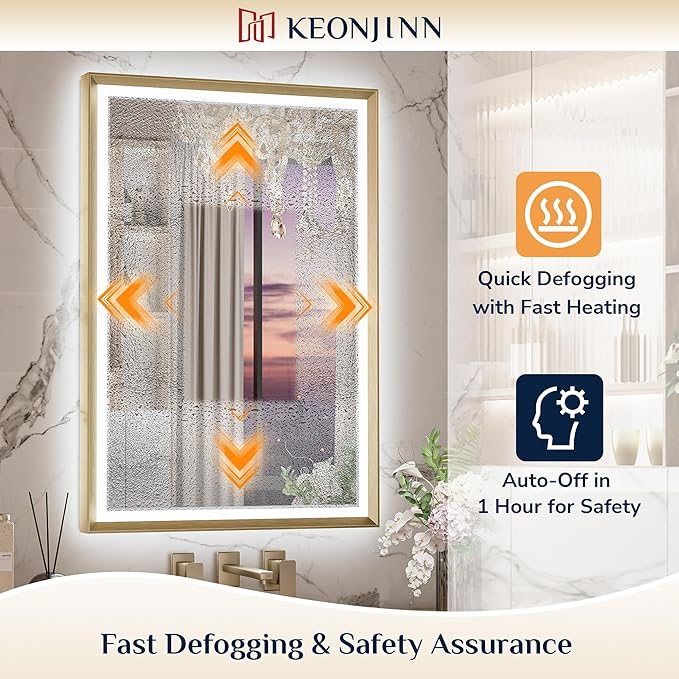 Keonjinn 72 x 36 Inch Bathroom Mirror with Frontlit & Backlit, Gold Metal Framed Beveled Edge Mirror, Large LED Mirror with Anti Fog for Wall, Stepless 3-Color Temperatures, UL-Listed Driver