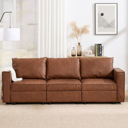 3 Seater Brown Leather Modular Sectional Sofa, 90 inch Cloud Modular Sectional Couch, Modern Convertible Comfortable Sofa for Living Room/Apartment
