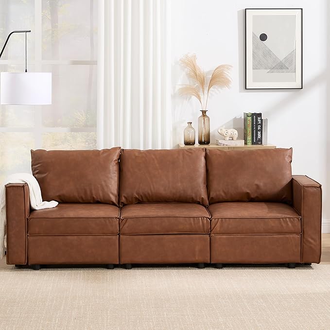 L Shaped Brown Leather, 90 Inches Cloud Modular Sectional Sofa, Modern Convertible Comfortable Sofa for Living Room/Apartment