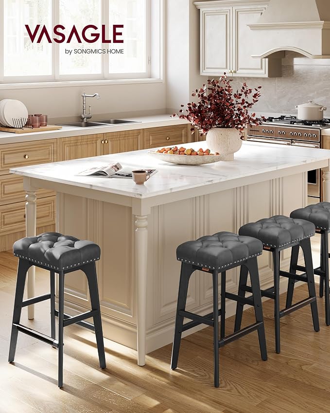 VASAGLE Bar Stools Set of 4, Saddle Counter Height Bar Stools, 26-Inch Backless Kitchen Stools with Wood Legs, PU Leather Thickened Upholstered Barstools for Kitchen Island Dining Room, Ink Black