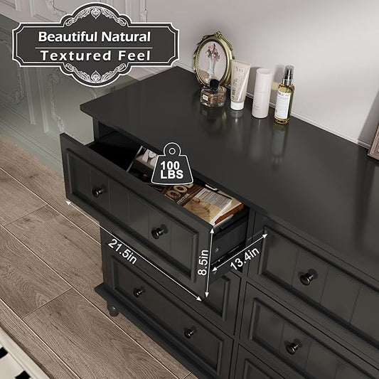 Scurrty Antique 6 Drawer Dresser, Modern Chest of Drawers, Large Cabinet with Storage, Big Dresser for Clothes in Living Room, Bedroom (Black)