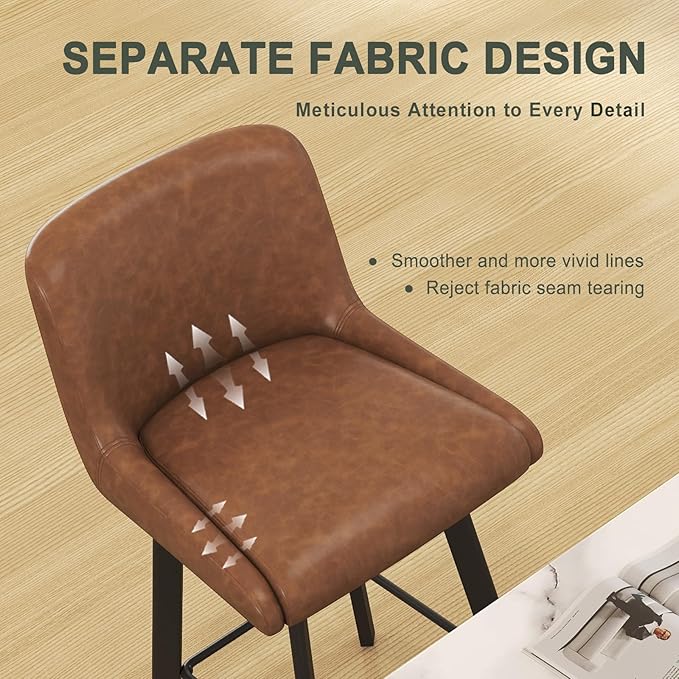 Swivel Bar Stools Set of 2, 30''H Upholstered Barstools with Backs, Modern Counter Height Bar Stool Chairs for Kitchen Island, Metal Legs, Faux Leather, Brown Counter Stools