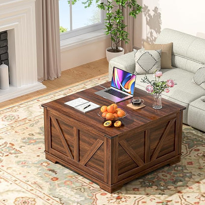 31.5'' Lift Top Coffee Table, Wood Square Farmhouse Coffee Table with Storage, Built in Outlet Center Table for Living Room, Small Spaces, Home