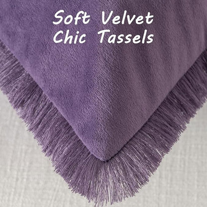 FUTEI Eggplant Purple Velvet Decorative Throw Pillow Covers 12x20 Set of 2,Soft Cozy Edge with Tassels Lumbar Pillow Cases,Boho Modern Home Decor for Couch Bed Living Room