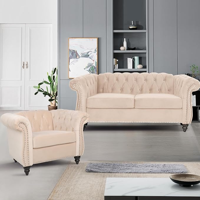 Velvet Loveseat Sofa, Mid Century Modern Upholstered Couch, 62" Oversized Comfy 2 Seater Love Seat Couch with Cushions, Tufted Chesterfield Sofa for Living Room, Bedroom, Apartment (Beige)