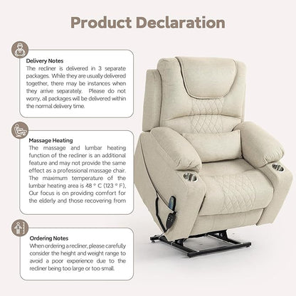 25''Oversized Recliner Chair/Lift Chair, Power Lift Recliner Chair for Elderly, Electric Recliner Chairs for Adults with Massage and Heat, Double Motor Lay Flat Recliner with Cup Holder, Side Pocket