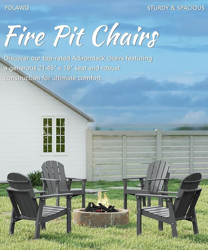 Adirondack Chair, All Weather HDPE Fire Pit Chairs, Oversized Plastic Adirondack Chair for Outdoor, Balcony, Deck, Backyard, Patio, Garden, Poolside, Lawn Grey