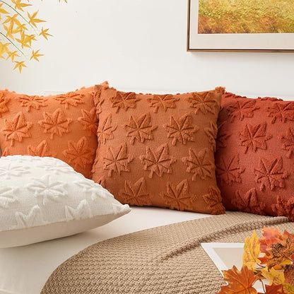 Kevin Textile Maple Leaf Pillow Covers 18x18 Inch Set of 2 Fallen Leaves Embroidery Decor Soft Plush Faux Fur Throw Pillows Pillowcases for Holiday Harvest Decor Sofa Couch Bedroom, Cream White