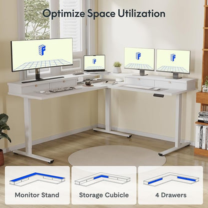 FLEXISPOT 71" Large L Shaped Standing Desk Electric Corner Table with Shelf, 4 Storage Drawers, Adjustable Computer Workstation for Home, Office, Game, Studio, White Top + White Frame
