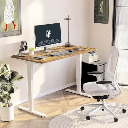 FLEXISPOT E6 3 Stages Dual Motor Electric Standing Desk 55x28 Inch Whole-Piece Board Height Adjustable Electric Sit Stand Desk(White Frame + Special Walnut Desktop, 2 Packages)