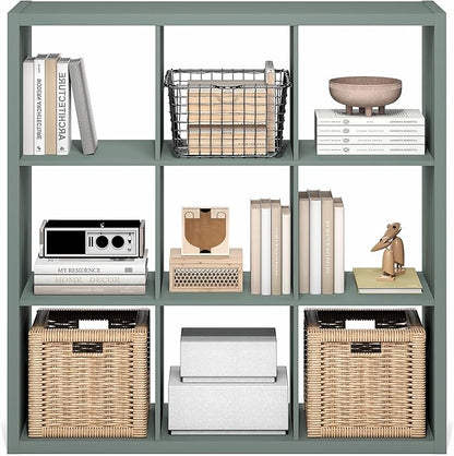 Furinno Cubicle Book Shelf, 9-Cube Thick Frame Bookshelf, Reversible Bookcase with Open Back, 14.6" x 43.8" x 43.8", for Living Room, Bedroom, Home Office, Sage Green