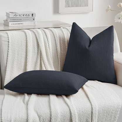 FUTEI Navy Blue Chenille Decorative Throw Pillow Covers 12x20 Inch Set of 2,Soft Cozy Striped Geometric Patterns Lumbar Pillow Cases,Modern Home Decor for Couch Bed Living Room