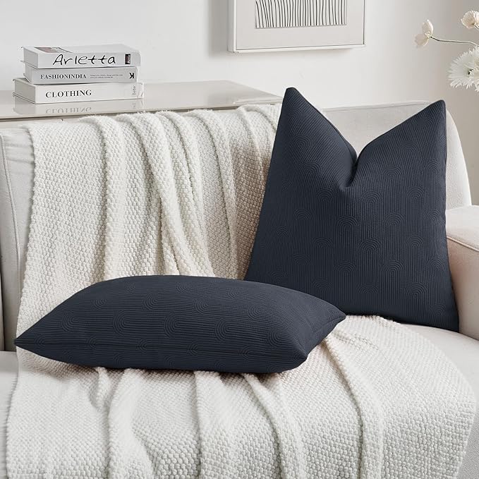 FUTEI Navy Blue Chenille Decorative Throw Pillow Covers 16x16 Inch Set of 2,Soft Cozy Striped Geometric Patterns Cushion Cases,Modern Home Decor for Couch Bed Living Room