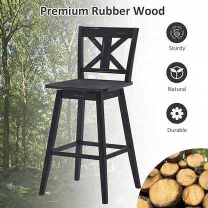 COSTWAY Bar Stools Set of 4, 360 Degree Swivel, 29-inch Height Chairs w/Non-Slip Foot Pads, Rubber Wood Bar Chairs, Vintage Bar Stools for Home, Restaurant (Black)
