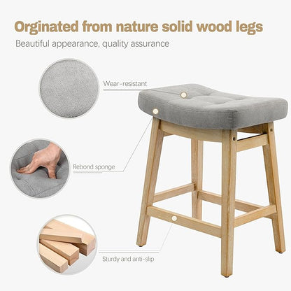 Counter Height Bar Stools Set of 3 for Kitchen Counter Farmhouse Modern Barstools with Upholstered Fabric Backless Seat and Solid Wood Legs 24 inch Bar Chairs, Grey + Wood Color
