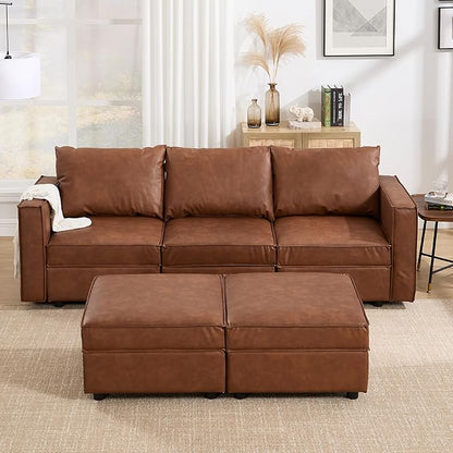 U Shaped Brown Leather, 90 Inches Cloud Modular Sectional Sofa, Modern Convertible Comfortable Sofa for Living Room/Apartment