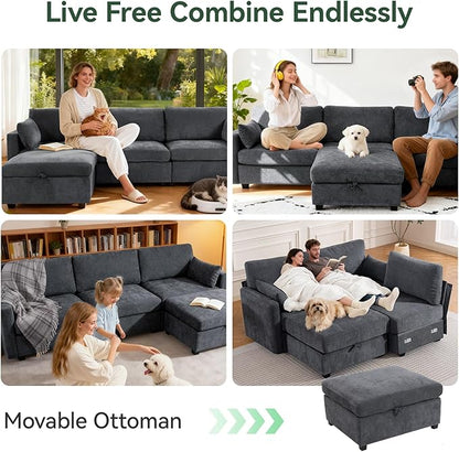 109'' Modular Sectional Sofa, L Shaped Couch with Storage Ottoman, Comfy Cloud Sofa with Deep Seat, 4 Seat Convertible Sectional Couches for Living Room (Gray, Low Legs 1.97")