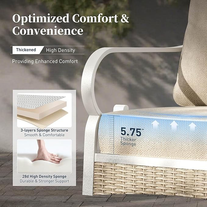 6 PCS Metal Outdoor Patio Furniture Set, Patio Conversation Set 1 3-Seater Couch, 2 Fixed Sofa, 2 Rocking Sofa with 5.75" Thick Cushion and Coffee Table White Backyard Furniture, Beige