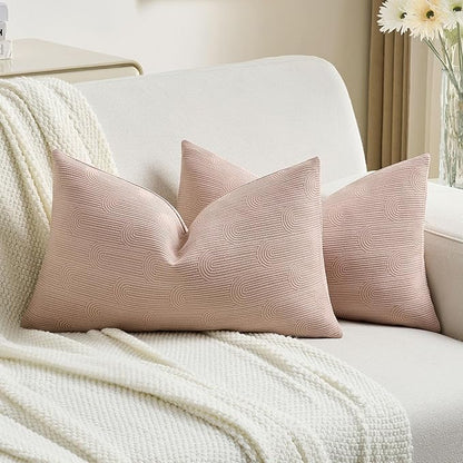 FUTEI Pink Chenille Decorative Throw Pillow Covers 12x20 Inch Set of 2,Soft Cozy Striped Geometric Patterns Lumbar Pillow Cases,Modern Home Decor for Couch Bed Living Room