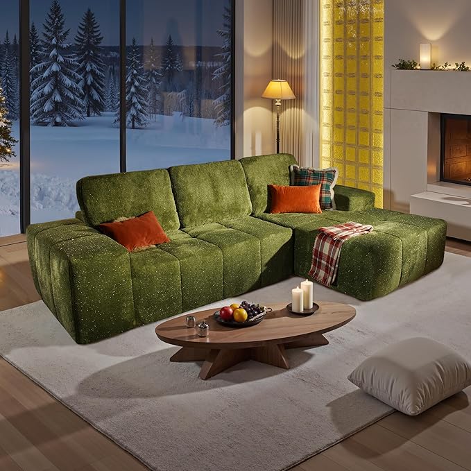 114" Glitter Cloud Sectional Couch with L-Shape Chaise, Modern Boneless Couches for Living Room Christmas Party, Fluffy Tufted Deep Seat Modular Sofa in a Box No Assembly