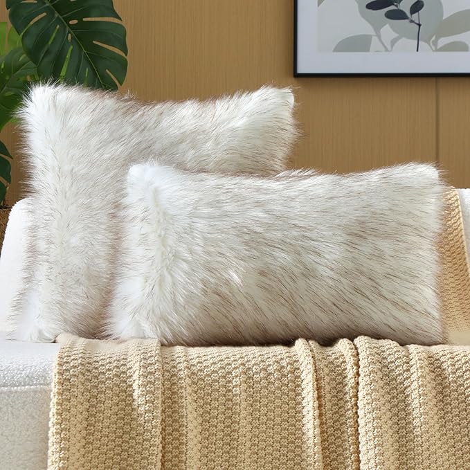 FUTEI Coffee White Decorative Throw Pillow Covers 20x20 Inch Set of 2,Soft Fluffy Faux Fox Fur Textured Cushion Case,Modern Home Decor for Couch Living Room