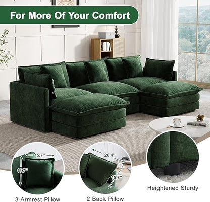 Modular Sectional Sofa, 111.5 Inch U-Shaped Cloud Sofa with Deep Seat Chenille Sofa with Cushions, Three-Self Sectional Sofa for Living Room Apartment,Evergreen