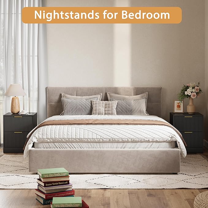 3-Piece Modern Bedroom Furniture Set, Wide 7-Drawer Dresser & 2-Drawer Nightstands Set of 2, Natural Wood Dresser and Nightstand Sets for Bedroom, Hallway, Black