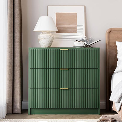 3-Piece Dresser Bedroom Set, 8 Drawer Dresser & 3 Drawer Nightstands with Gold Handles, Fluted Wood Chest of Drawers for Bedroom, Living Room, Entryway, Green
