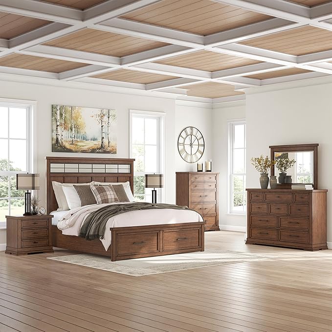 Signature Design by Ashley Taffenbrook Farmhouse 5-Drawer Chest with Felt-Lined Top Drawer and Easy Glide for Bedroom, Dark Brown