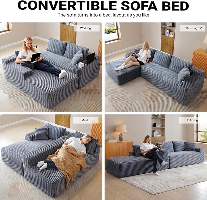 108 Inch Cloud Sectional Couch,Modern Modular Sectional Sofa with Deep Seat,Corduroy Boneless Couches with L-Shape Chaise for Living Room,No Assembly Required (Grey, Left Facing Chaise + Ottoman)
