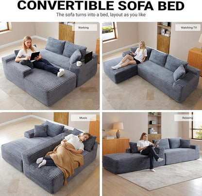 108 Inch Cloud Sectional Couch,Modern Modular Sectional Sofa with Deep Seat,Corduroy Boneless Couches with L-Shape Chaise for Living Room,No Assembly Required (Grey, Left Facing Chaise + Ottoman)