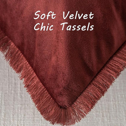 FUTEI Burgundy Velvet Decorative Throw Pillow Covers 20x20 Set of 2,Soft Cozy Edge with Tassels Cushion Case,Boho Modern Home Decor for Couch Bed Living Room