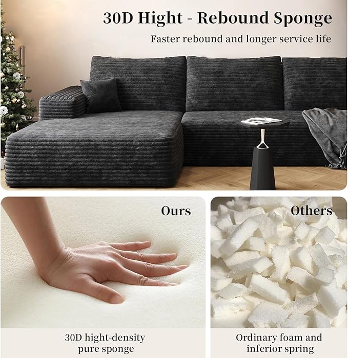 107.5" Boneless L-Shaped Modular Sectional Sofa Couches for Living Room, Corduroy Upholstered Couch with Deep Seat, Large 2-Seater Cloud Sectional Couch, No Assembly, (Black, Left Facing Chaise)