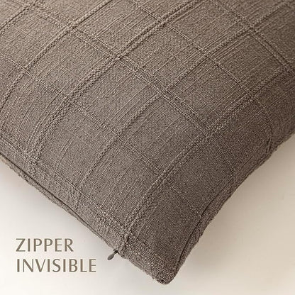Foindtower Set of 2 Decorative Linen Check Throw Pillow Covers Neutral Farmhouse Vintage Cushion Covers Modern Boho Home Decor for Sofa Chair Couch Bedroom Living Room,18×18 Inch,Taupe Grey