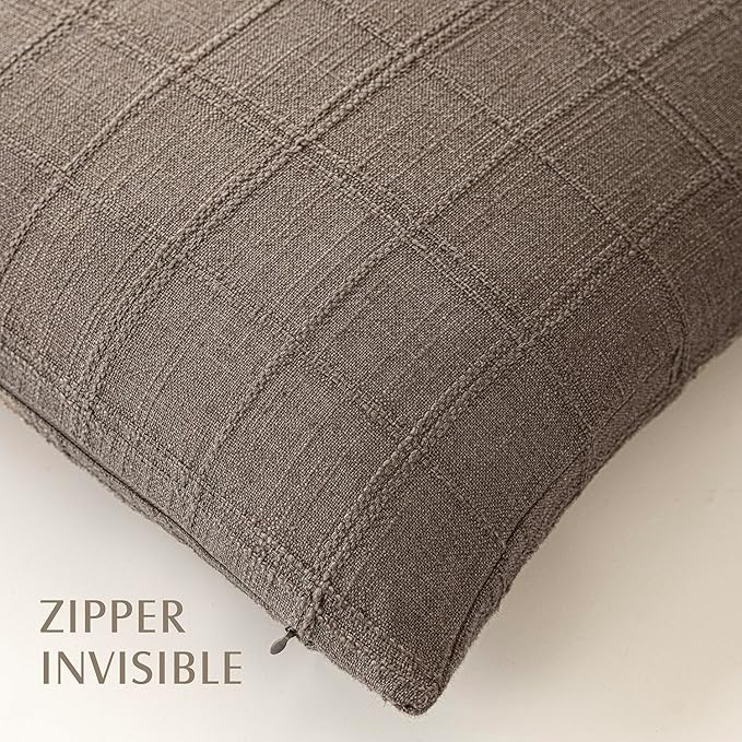 Foindtower Set of 2 Decorative Linen Check Throw Pillow Covers Neutral Farmhouse Vintage Cushion Covers Modern Boho Home Decor for Sofa Chair Couch Bedroom Living Room,20×20 Inch,Taupe Grey