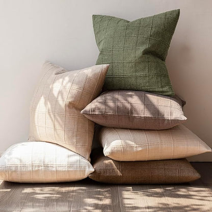 Foindtower Set of 2 Decorative Linen Check Throw Pillow Covers Neutral Farmhouse Vintage Cushion Covers Modern Boho Home Decor for Sofa Chair Couch Bedroom Living Room,18×18 Inch,Sage Green