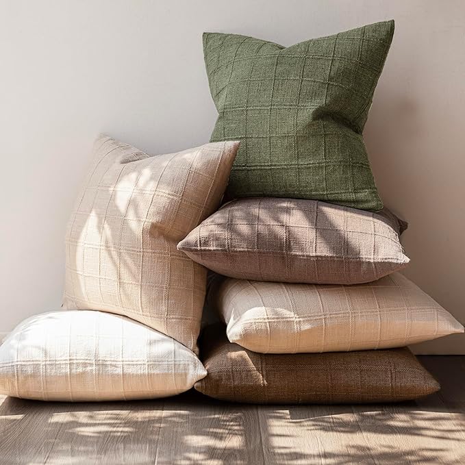 Foindtower Set of 2 Decorative Linen Check Throw Pillow Covers Neutral Farmhouse Vintage Cushion Covers Modern Boho Home Decor for Sofa Chair Couch Bedroom Living Room,26×26 Inch,Sage Green