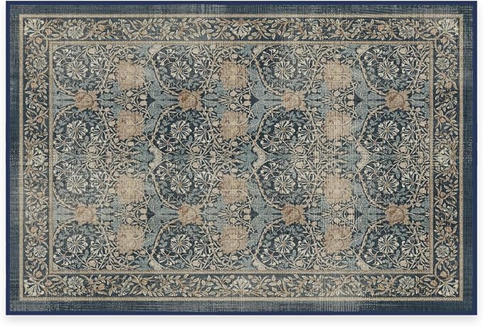 RUGGABLE x Morris & Co Washable Area Rug– Honeysuckle & Tulip Blue 2x3, Stain-Resistant, Non-Slip –Small Machine Washable Rugs for Living Room, Bedroom, Hallway, Entryway & Bathroom–with Standard Pad
