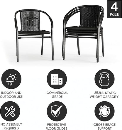 EMMA + OLIVER Set of 4 Modern Rattan Indoor/Outdoor Stack Chairs, Stacking Rattan Patio Chairs with Curved Back and Cross Bracing, Black