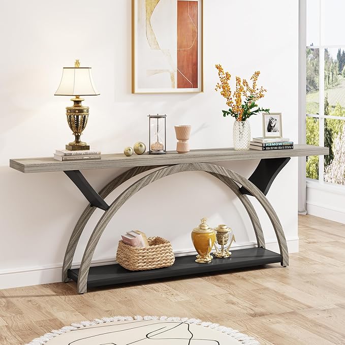 Tribesigns 70.87" Console Table with Storage Shelf, Narrow Long Sofa Table Behind Couch Table, 2-Tier Rustic Entryway Table with Half Moon Frame for Hallway Living Room, Gray & Black (Gray & Black)