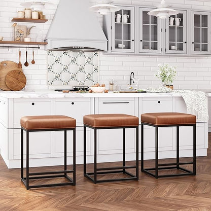 ALPHA HOME 24 Inch Counter Height Bar Stools Set of 3, Upholstered Barstools for Kitchen Island with Faux Leather Cushion and Sturdy Metal Frame, Caramel